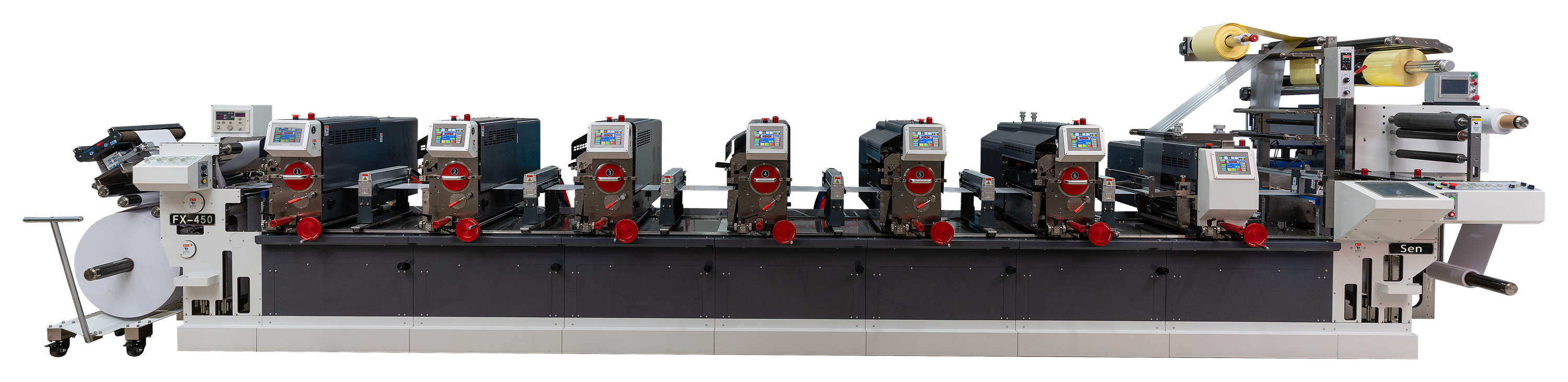 Sen FX-450 six colour flexo label press with magnetic rotary die-cut, side view